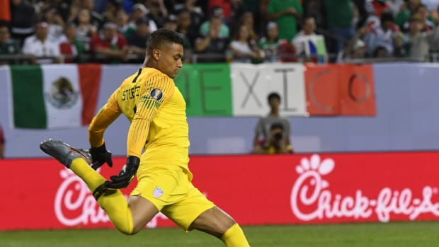 Jul 7, 2019; Chicago, IL, USA; United States goalkeeper Zack Steffen (1) kicks the ball against Mexico in the second half championship match of the CONCACAF Gold Cup soccer tournament at Soldier Field. Mandatory Credit: Mike DiNovo-USA TODAY Sports